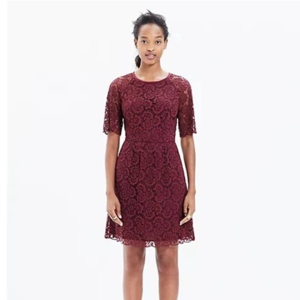 Madewell Magnolia Lace Overlay Short Sleeve Mini Dress in Burgundy Maroon 0 - Picture 2 of 11
